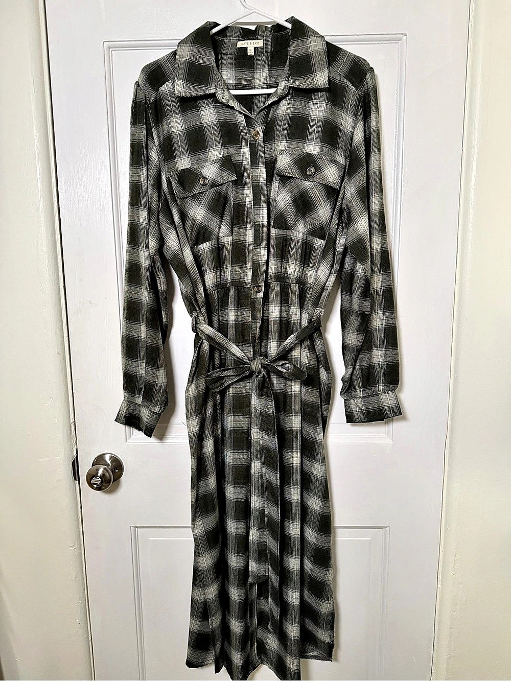 Kate & Sam Plaid Button-Front Shirt Dress Green & Gray XL